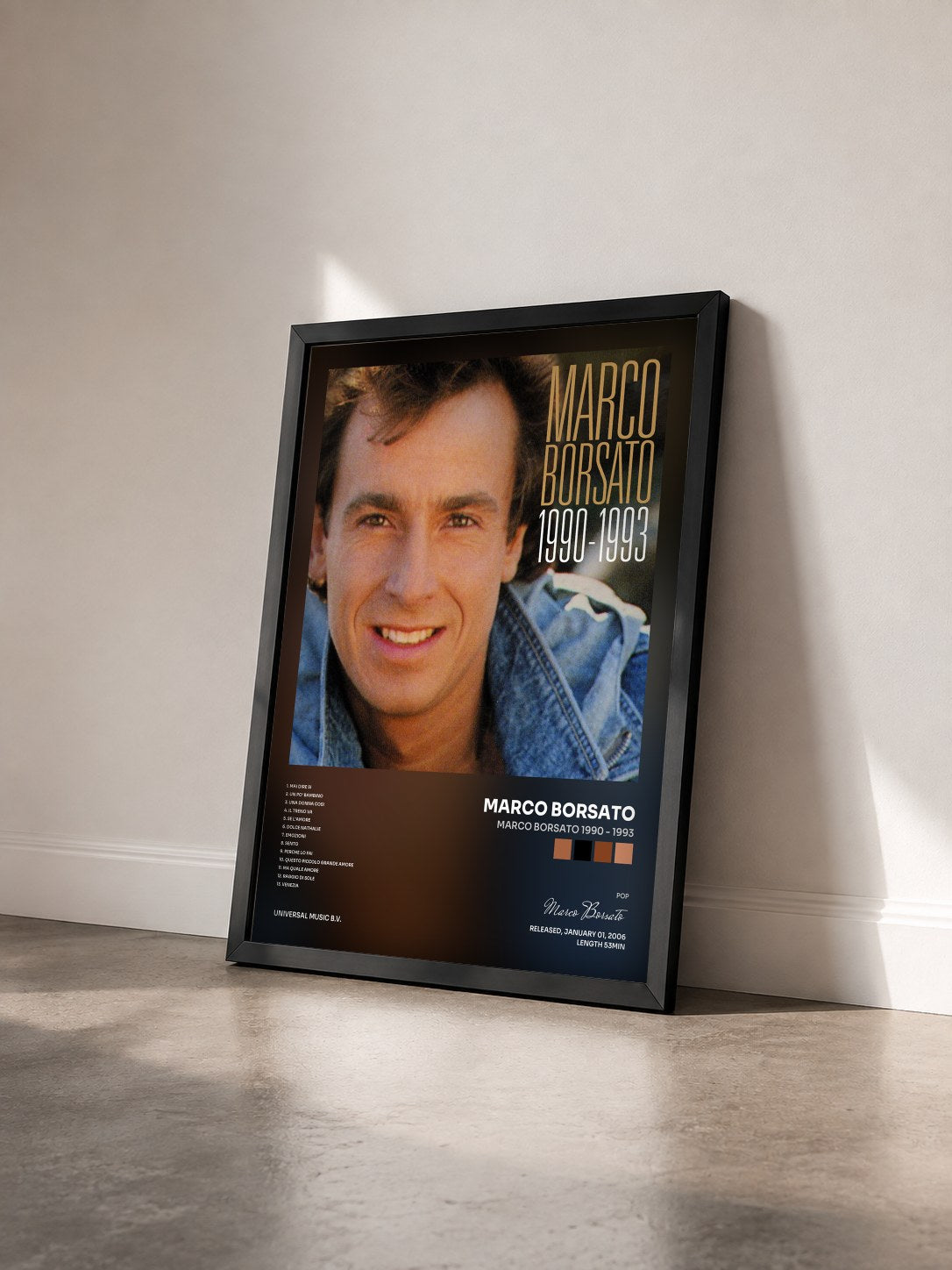 #noir Tableau de l'album Marco Borsato 1990 - 1993 de Marco Borsato vu de trois quarts, cadre noir