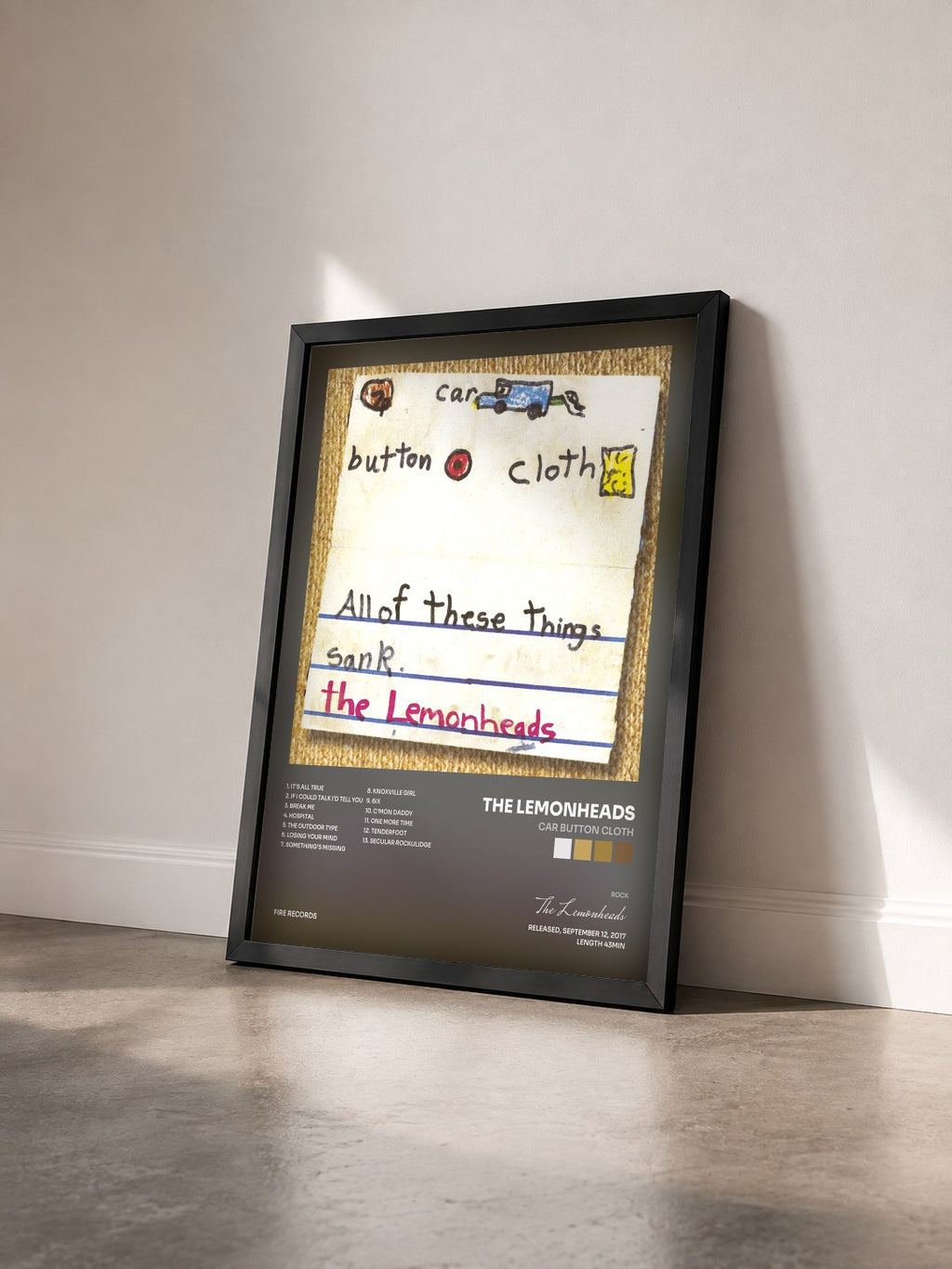 #noir Tableau de l'album Car Button Cloth de The Lemonheads vu de trois quarts, cadre noir