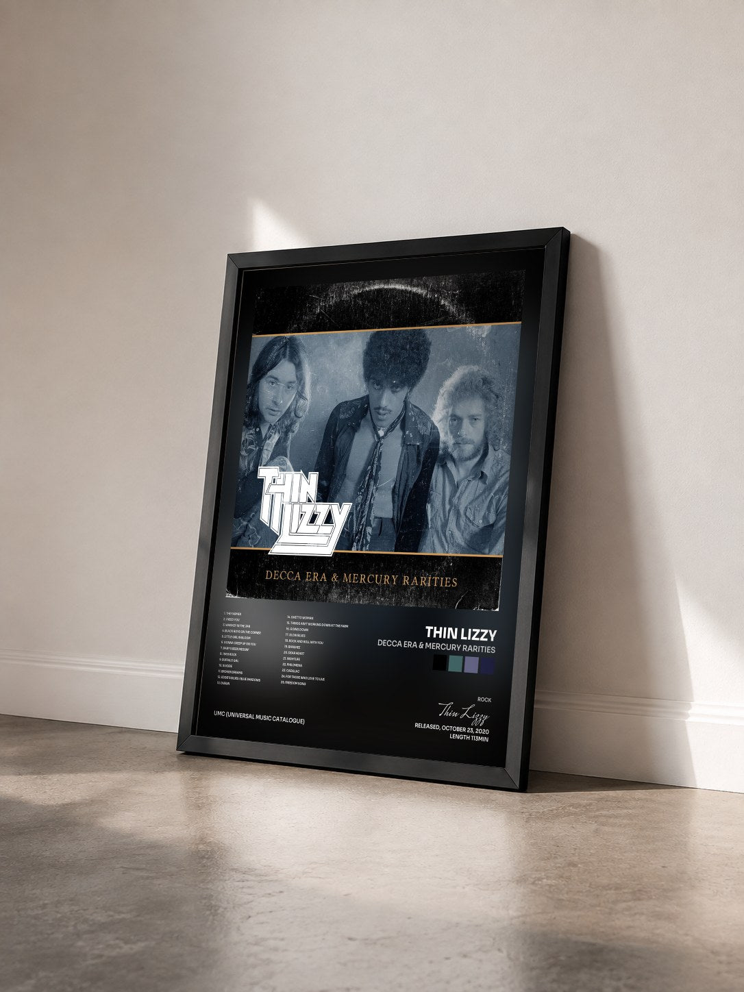 #noir Tableau de l'album Decca Era & Mercury Rarities de Thin Lizzy vu de trois quarts, cadre noir