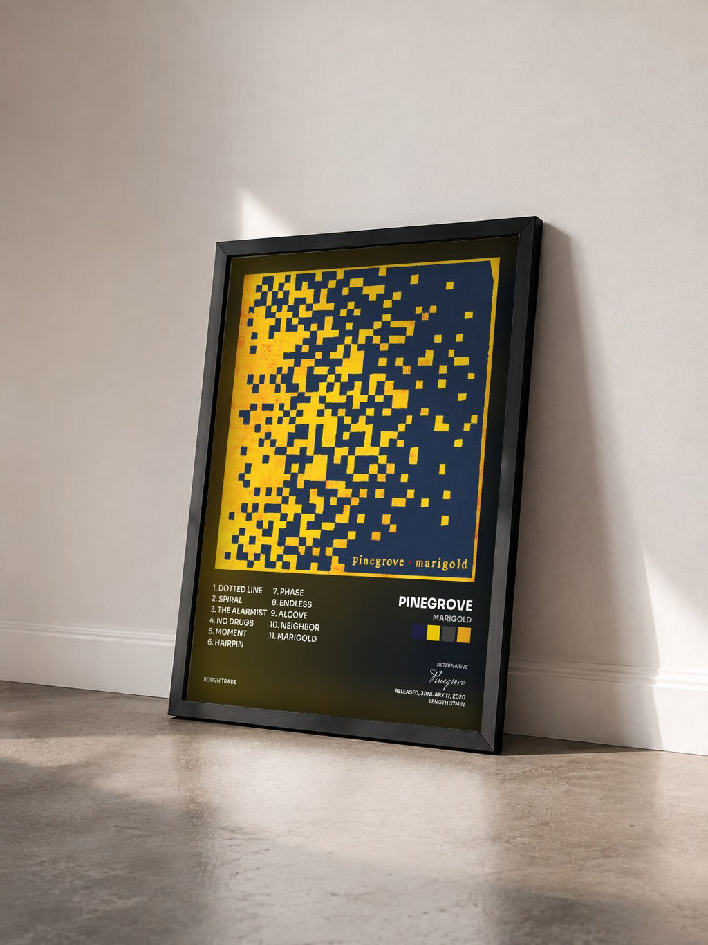 #noir Tableau de l'album Marigold de Pinegrove vu de trois quarts, cadre noir
