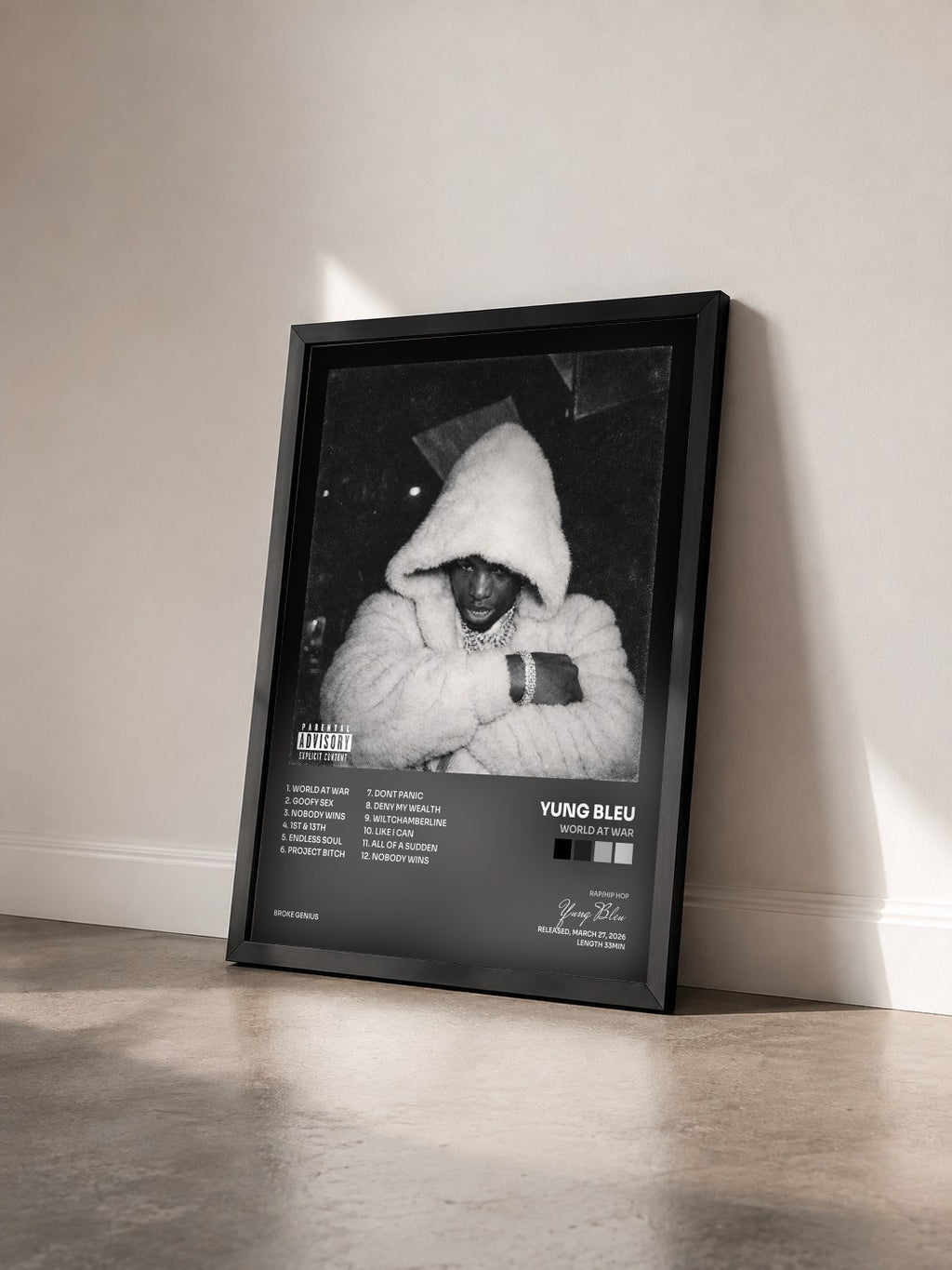 #noir Tableau de l'album World At War de Yung Bleu vu de trois quarts, cadre noir