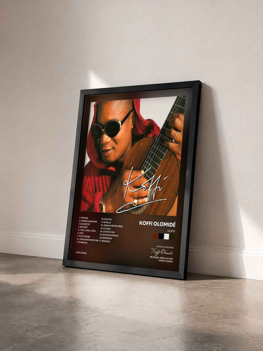 #noir Tableau de l'album Koffi de Koffi Olomidé vu de trois quarts, cadre noir