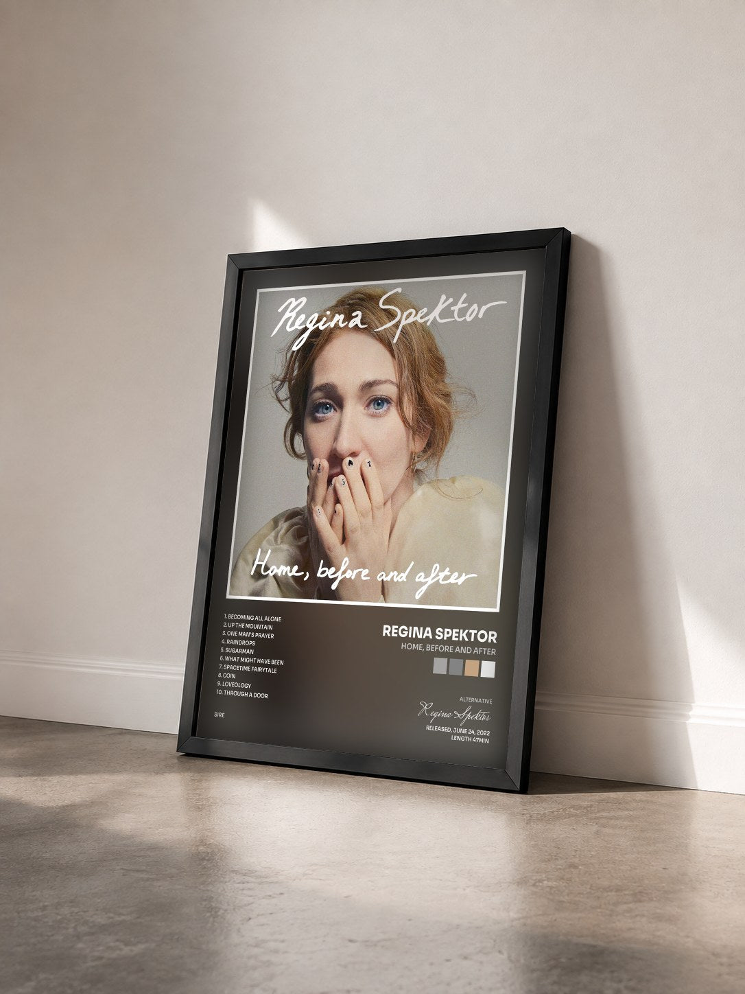#noir Tableau de l'album Home, before and after de Regina Spektor vu de trois quarts, cadre noir