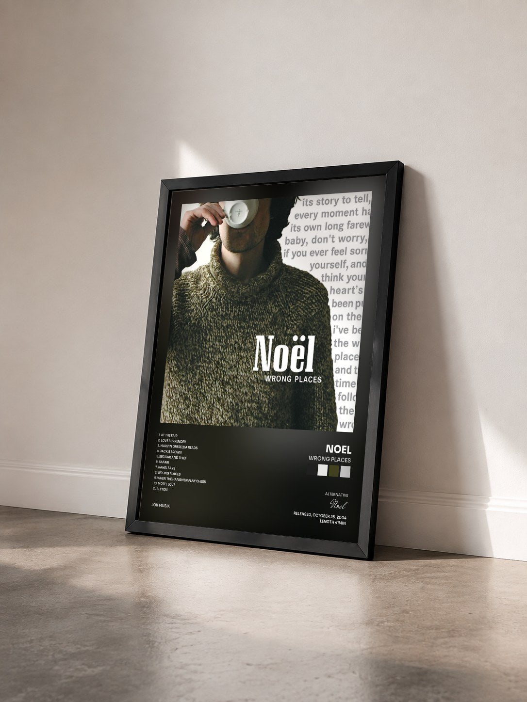 #noir Tableau de l'album Wrong Places de Noel vu de trois quarts, cadre noir