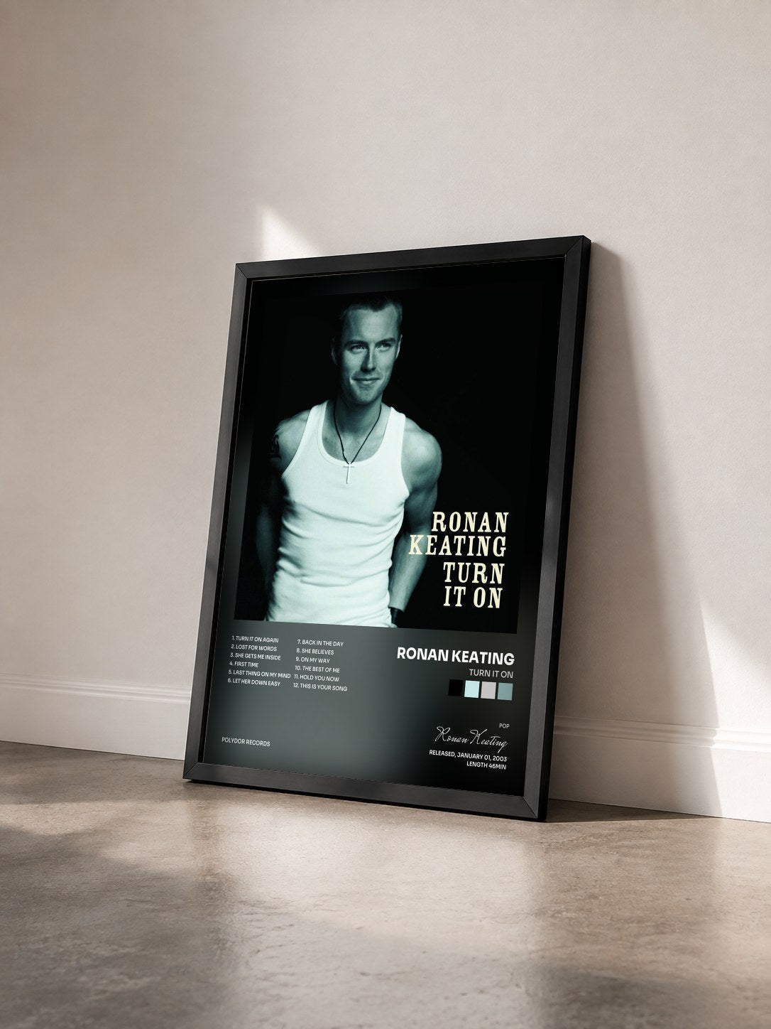 #noir Tableau de l'album Turn It On de Ronan Keating vu de trois quarts, cadre noir