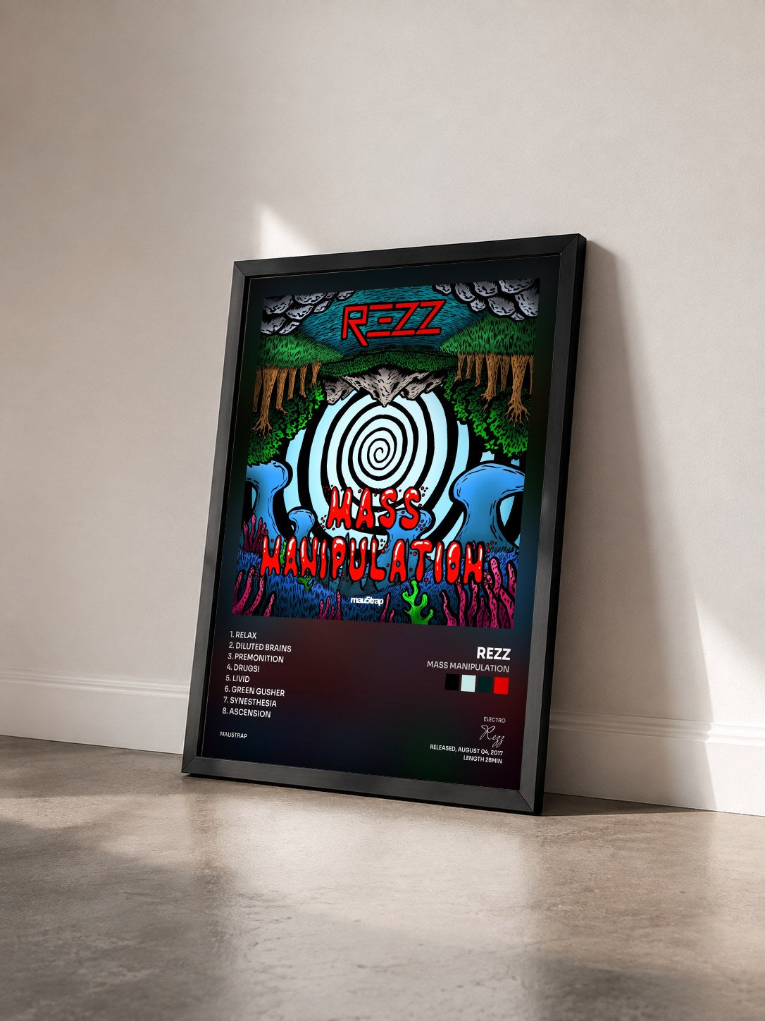 #noir Tableau de l'album Mass Manipulation de Rezz vu de trois quarts, cadre noir