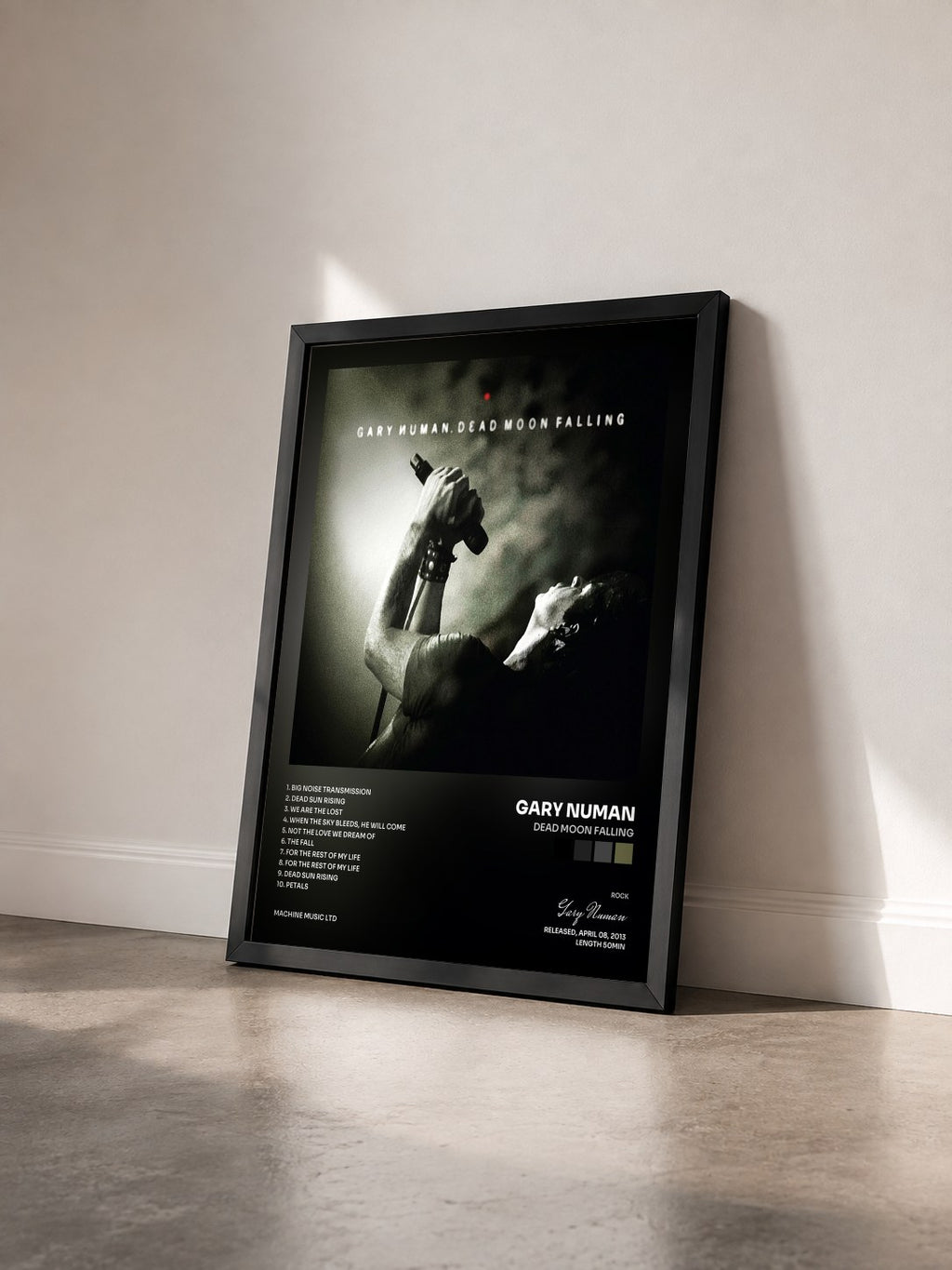 #noir Tableau de l'album Dead Moon Falling de Gary Numan vu de trois quarts, cadre noir