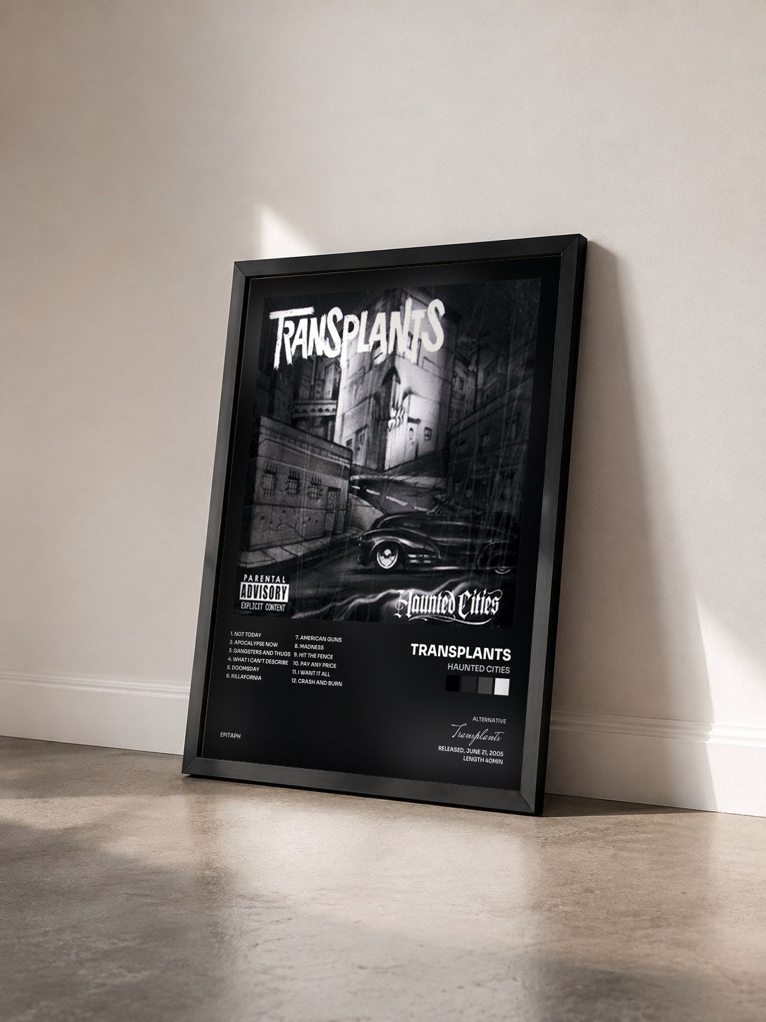 #noir Tableau de l'album Haunted Cities de Transplants vu de trois quarts, cadre noir