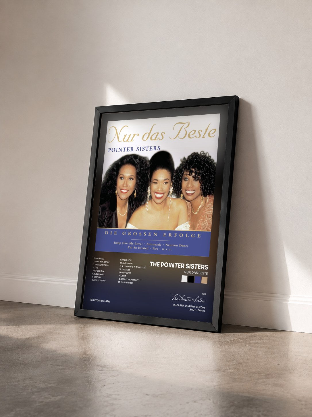#noir Tableau de l'album Nur das Beste de The Pointer Sisters vu de trois quarts, cadre noir