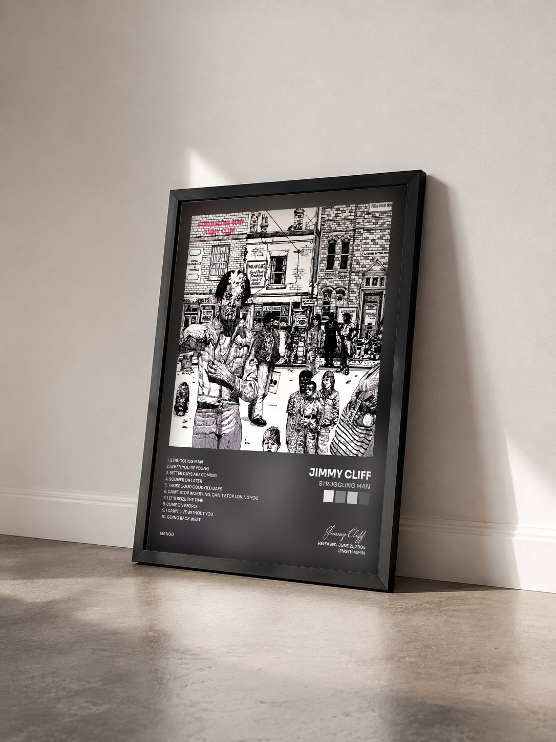 #noir Tableau de l'album Struggling Man de Jimmy Cliff vu de trois quarts, cadre noir