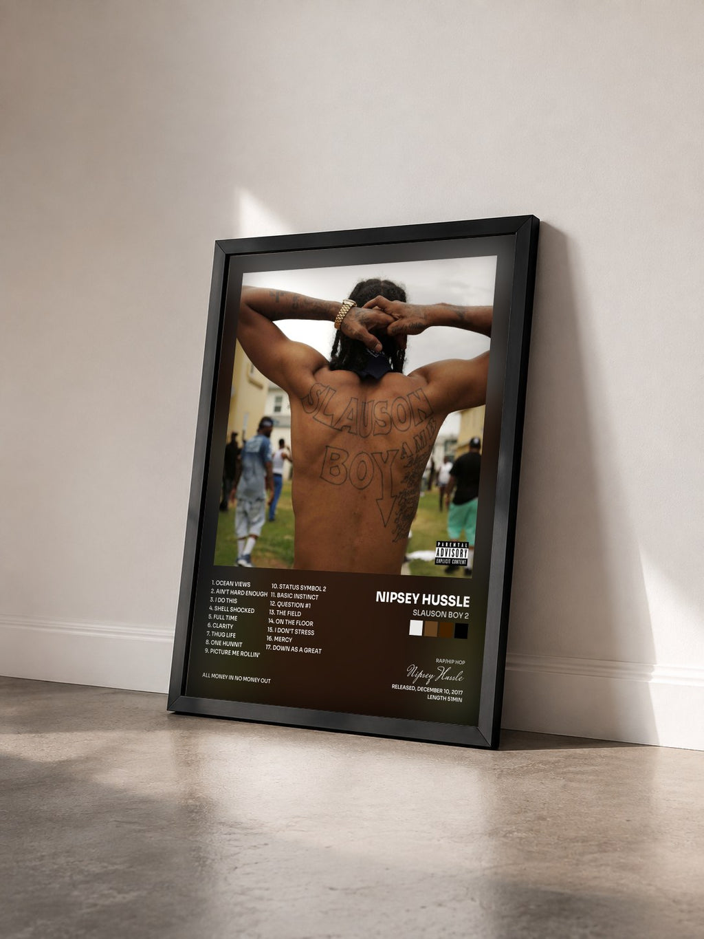#noir Tableau de l'album Slauson Boy 2 de Nipsey Hussle vu de trois quarts, cadre noir