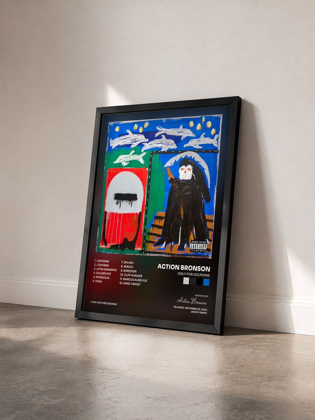 #noir Tableau de l'album Only For Dolphins de Action Bronson vu de trois quarts, cadre noir