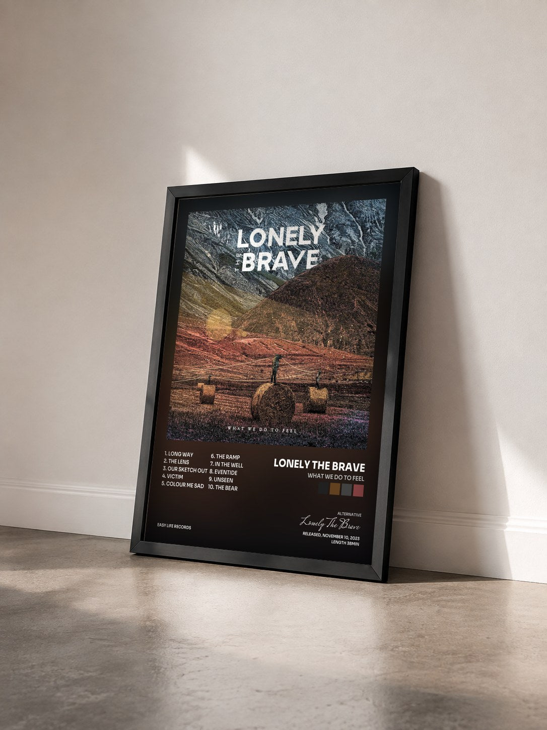 #noir Tableau de l'album What We Do To Feel de Lonely The Brave vu de trois quarts, cadre noir