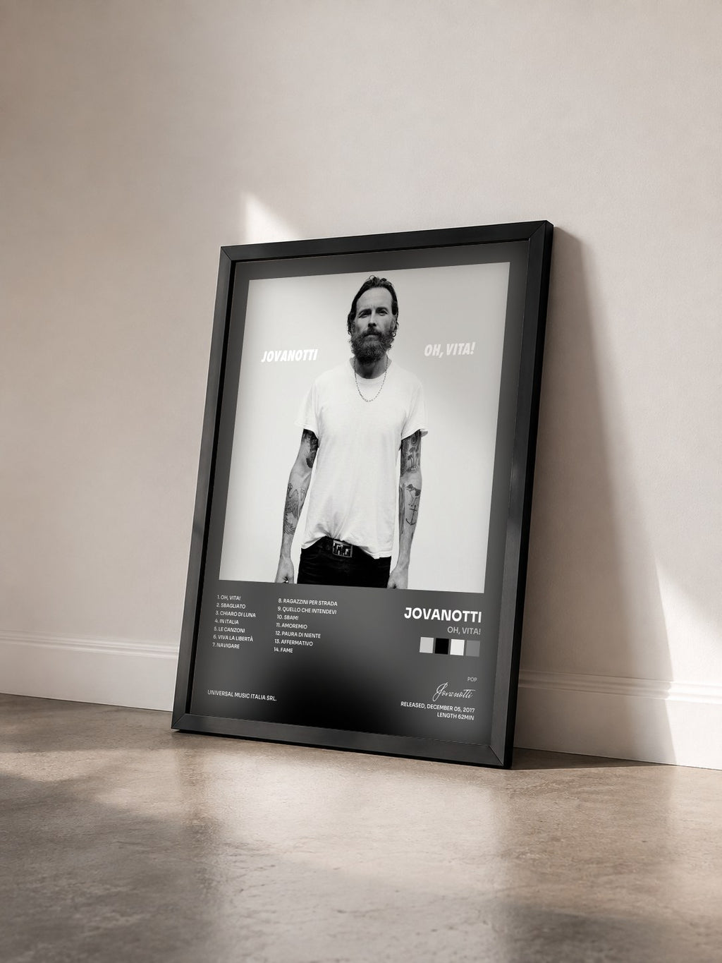 #noir Tableau de l'album Oh, Vita! de Jovanotti vu de trois quarts, cadre noir