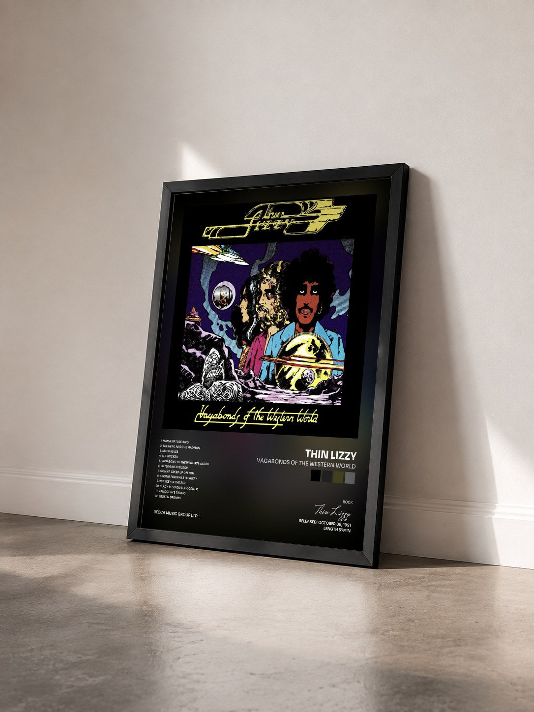 #noir Tableau de l'album Vagabonds Of The Western World de Thin Lizzy vu de trois quarts, cadre noir
