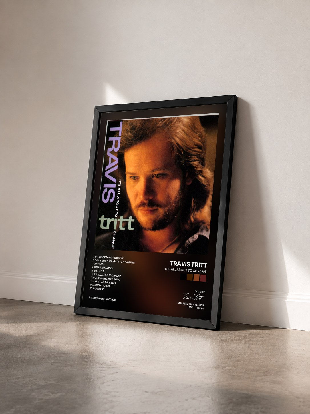 #noir Tableau de l'album It's All About to Change de Travis Tritt vu de trois quarts, cadre noir