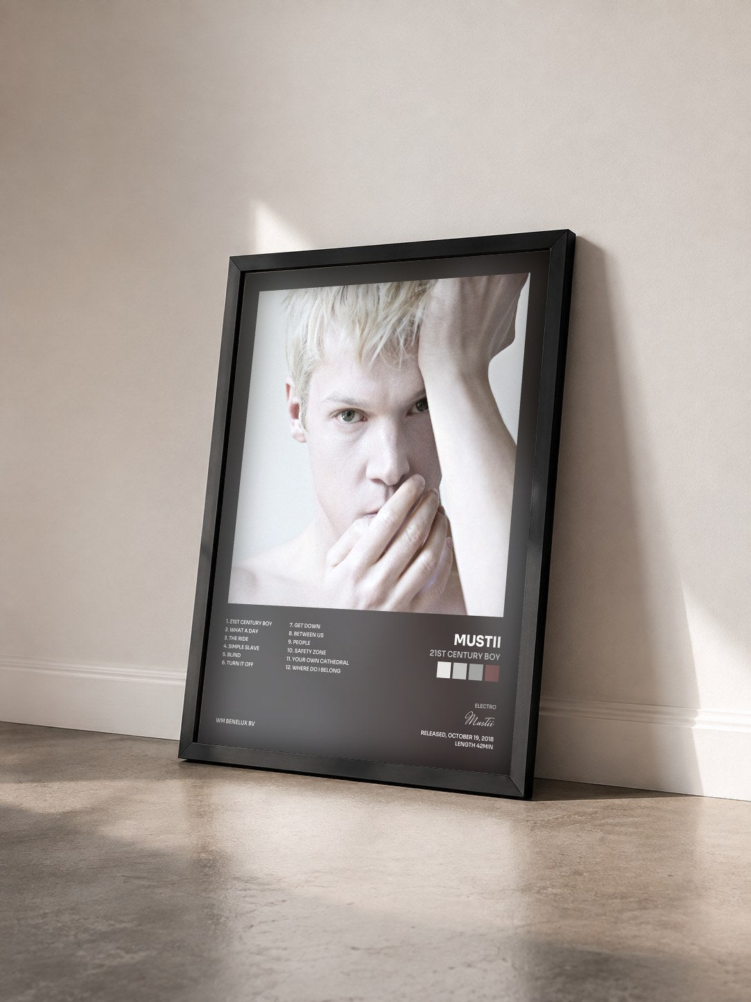 #noir Tableau de l'album 21st Century Boy de Mustii vu de trois quarts, cadre noir