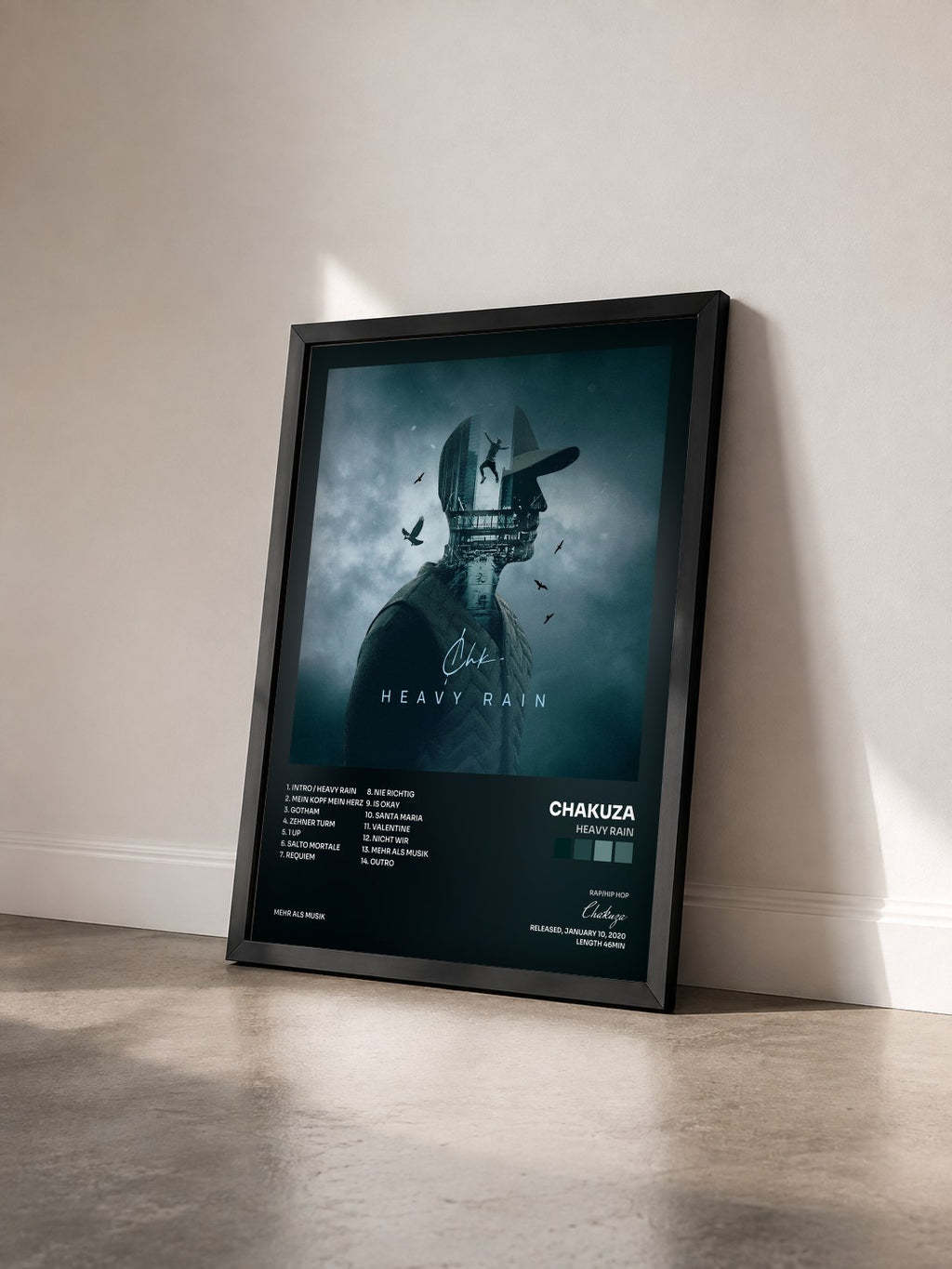 #noir Tableau de l'album Heavy Rain de Chakuza vu de trois quarts, cadre noir