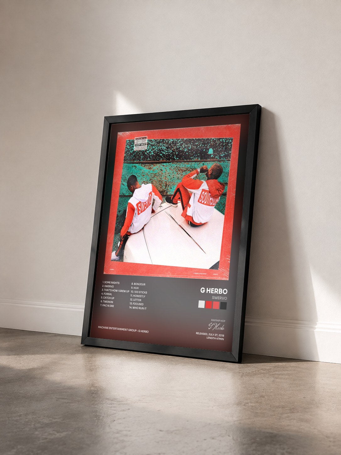 #noir Tableau de l'album Swervo de G Herbo vu de trois quarts, cadre noir