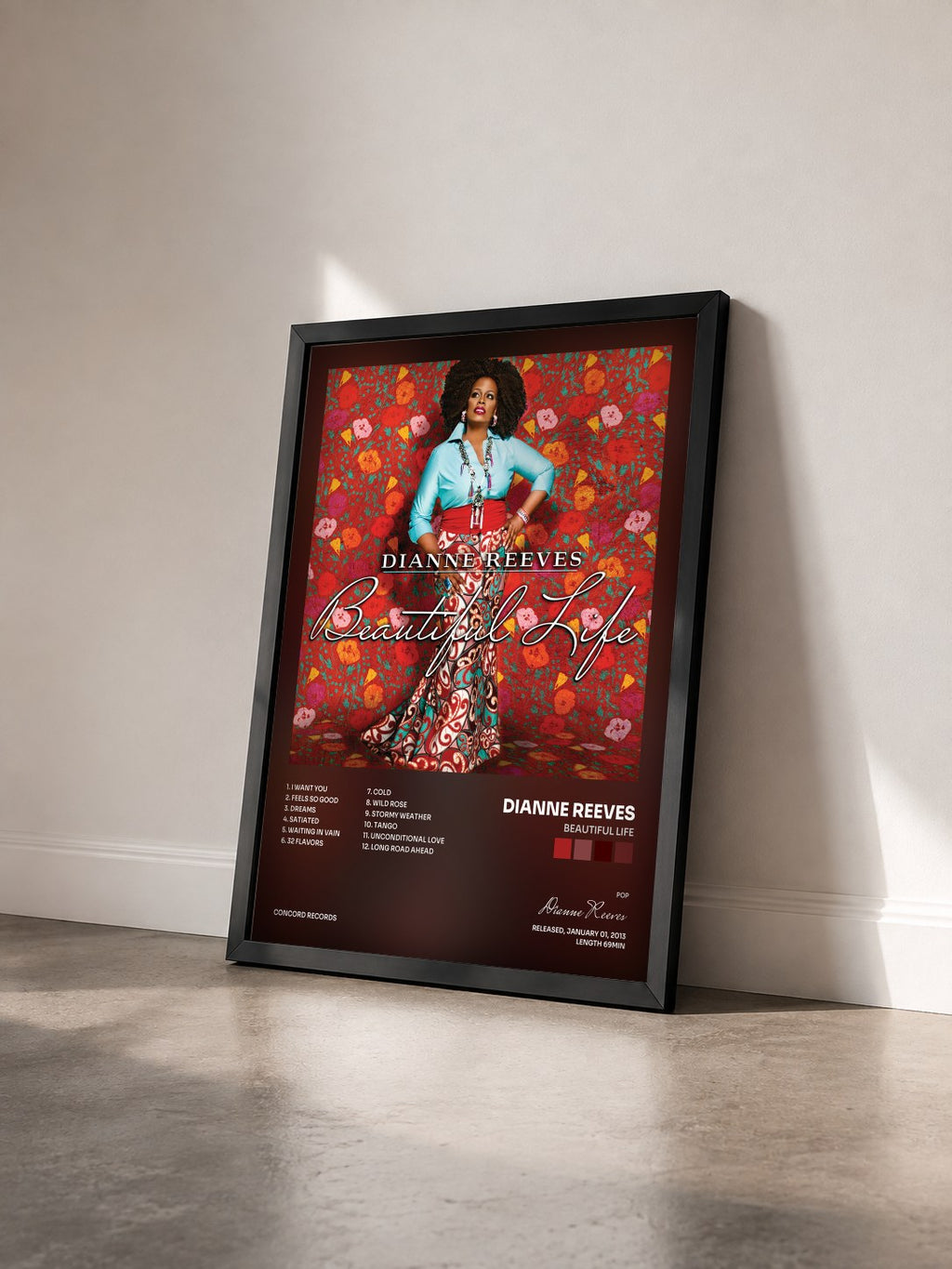 #noir Tableau de l'album Beautiful Life de Dianne Reeves vu de trois quarts, cadre noir