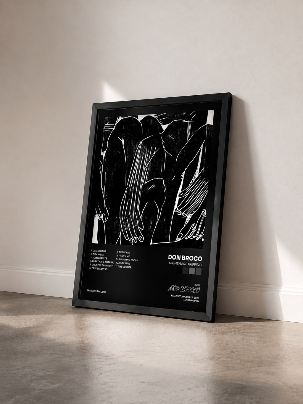 #noir Tableau de l'album Nightmare Tripping de DON BROCO vu de trois quarts, cadre noir