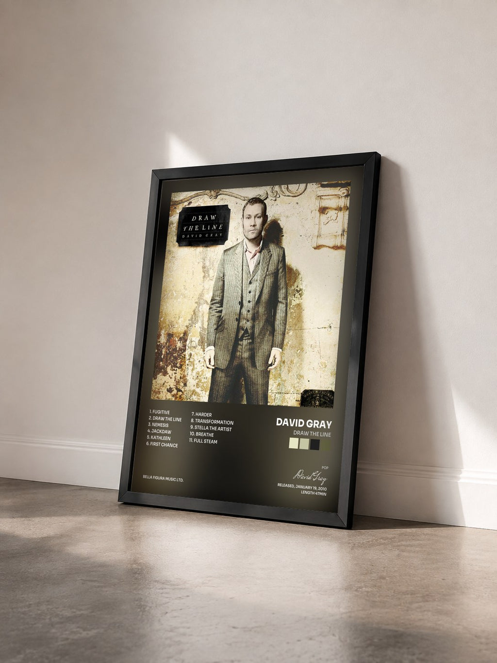 #noir Tableau de l'album Draw the Line de David Gray vu de trois quarts, cadre noir