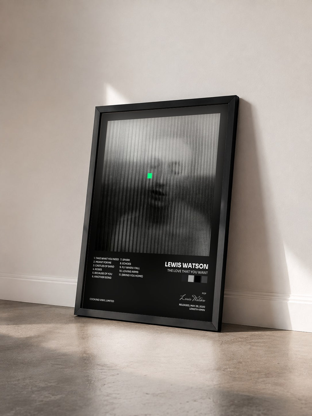 #noir Tableau de l'album the love that you want de Lewis Watson vu de trois quarts, cadre noir