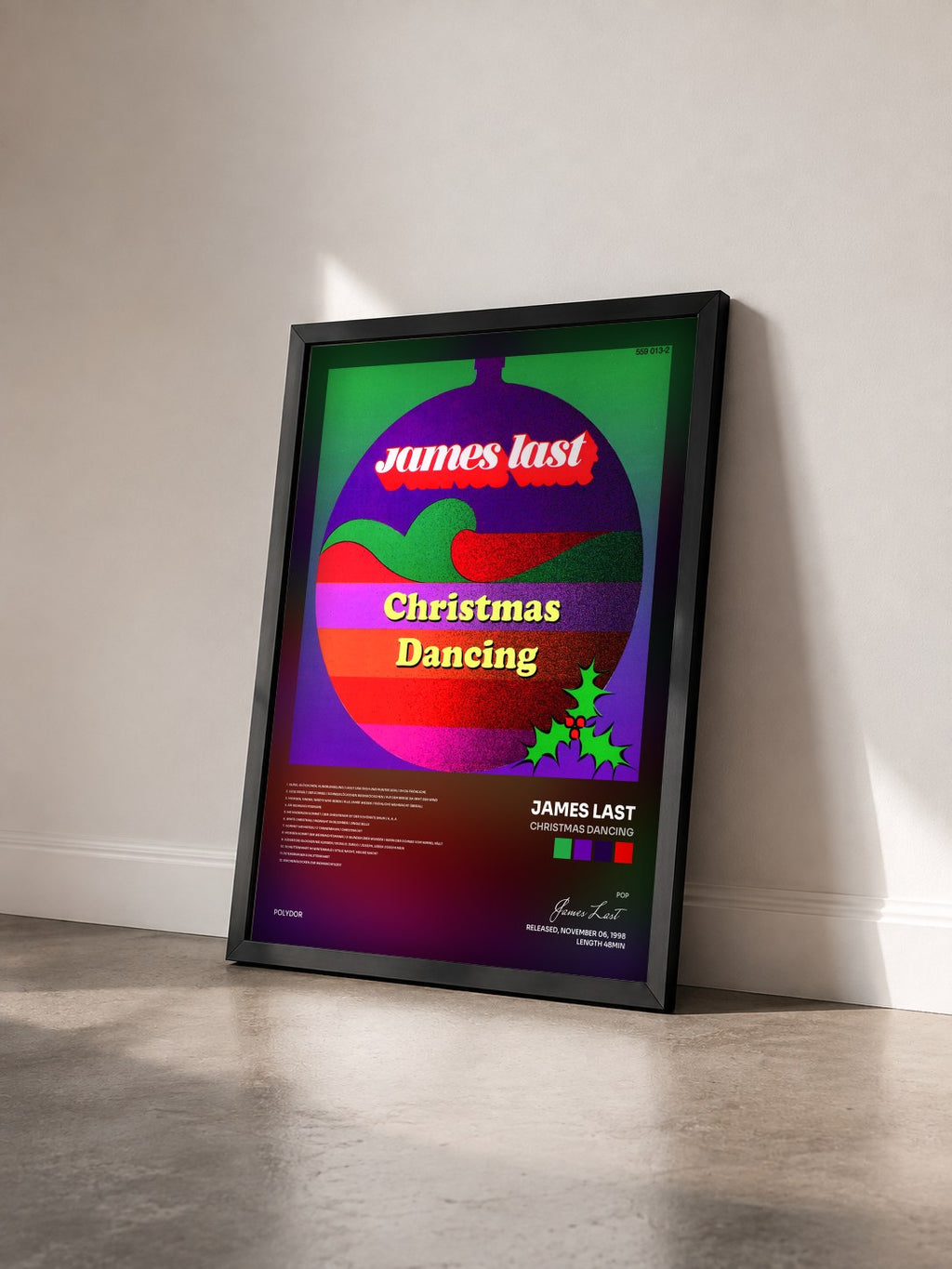 #noir Tableau de l'album Christmas Dancing de James Last vu de trois quarts, cadre noir