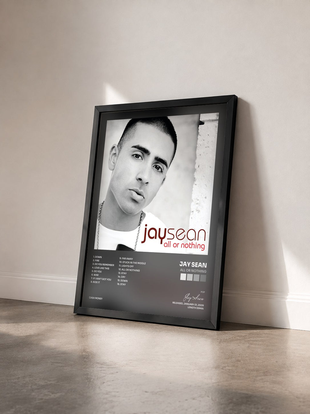 #noir Tableau de l'album All Or Nothing de Jay Sean vu de trois quarts, cadre noir