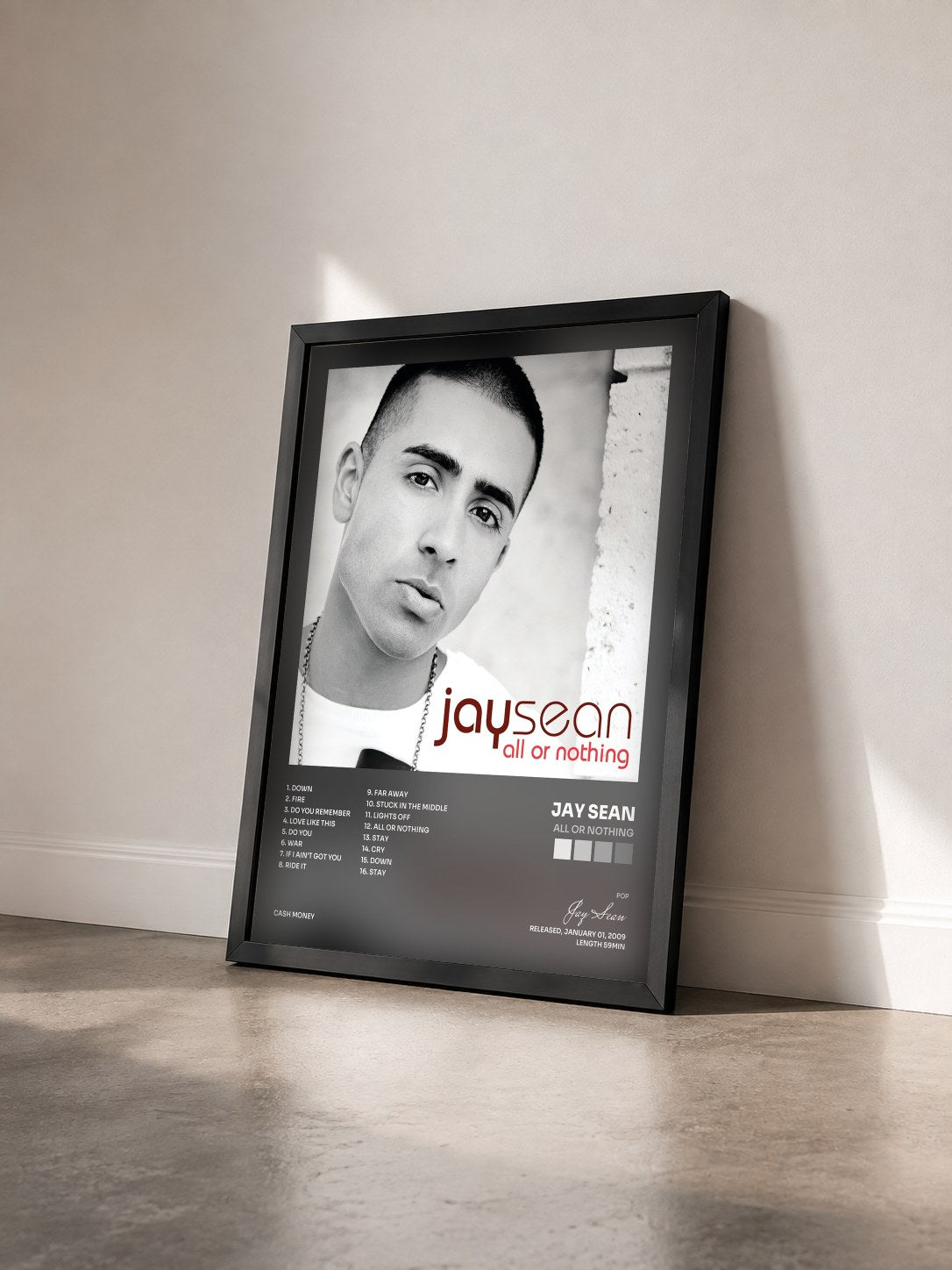 #noir Tableau de l'album All Or Nothing de Jay Sean vu de trois quarts, cadre noir