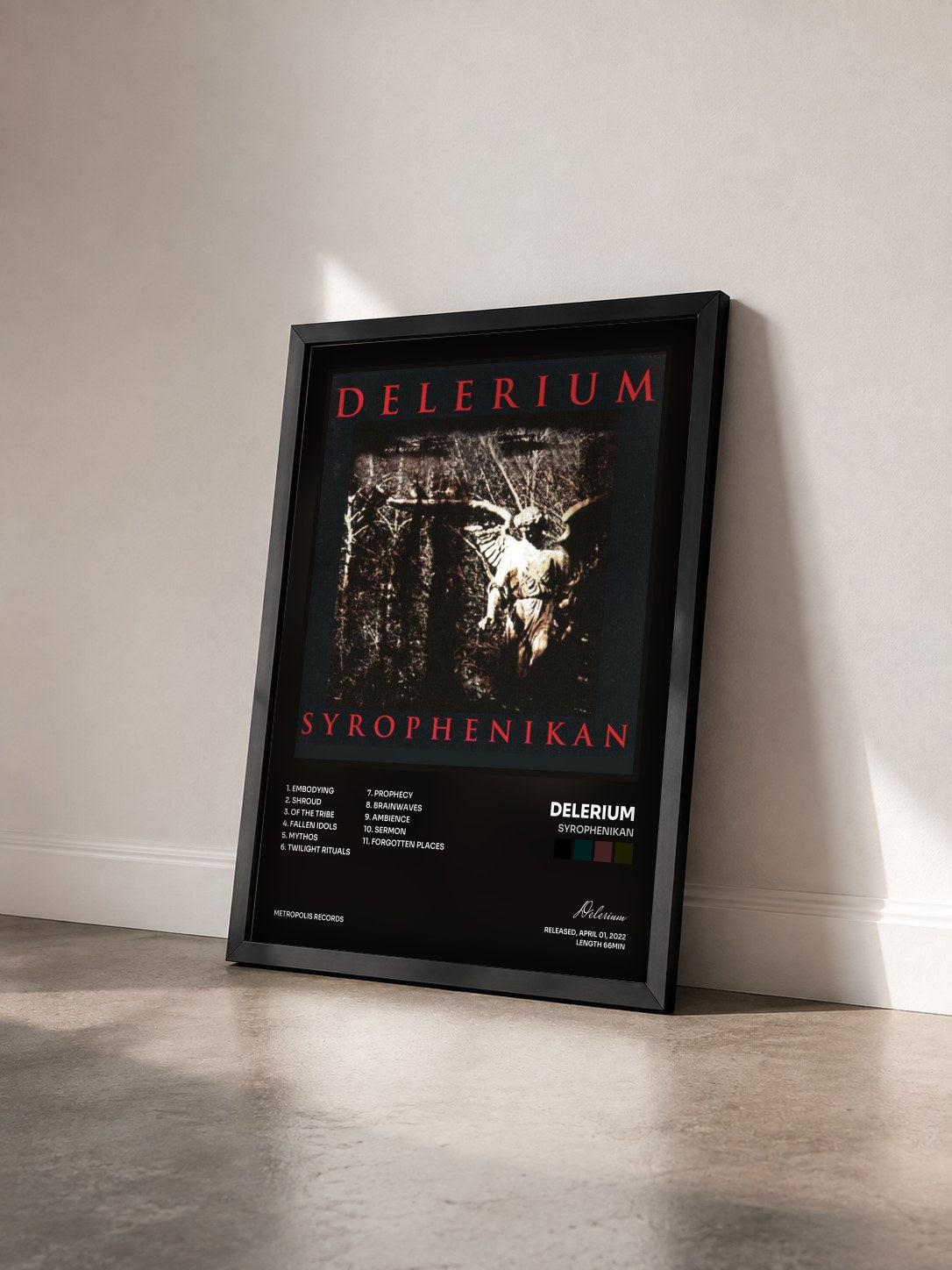 #noir Tableau de l'album Syrophenikan de Delerium vu de trois quarts, cadre noir