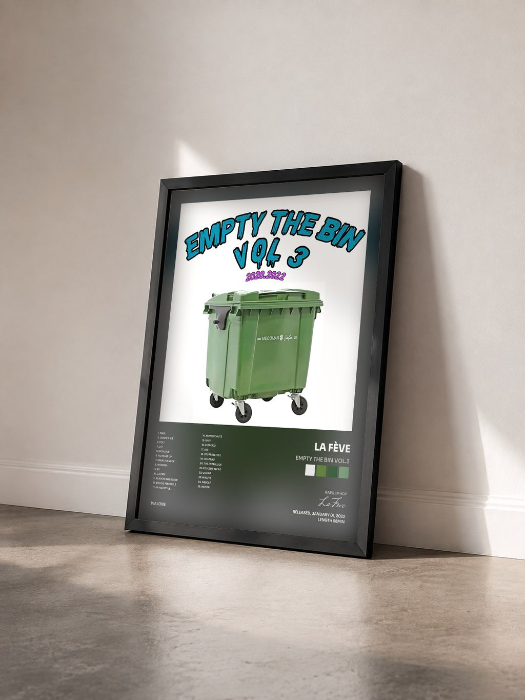 #noir Tableau de l'album EMPTY THE BIN VOL.3 de La Fève vu de trois quarts, cadre noir