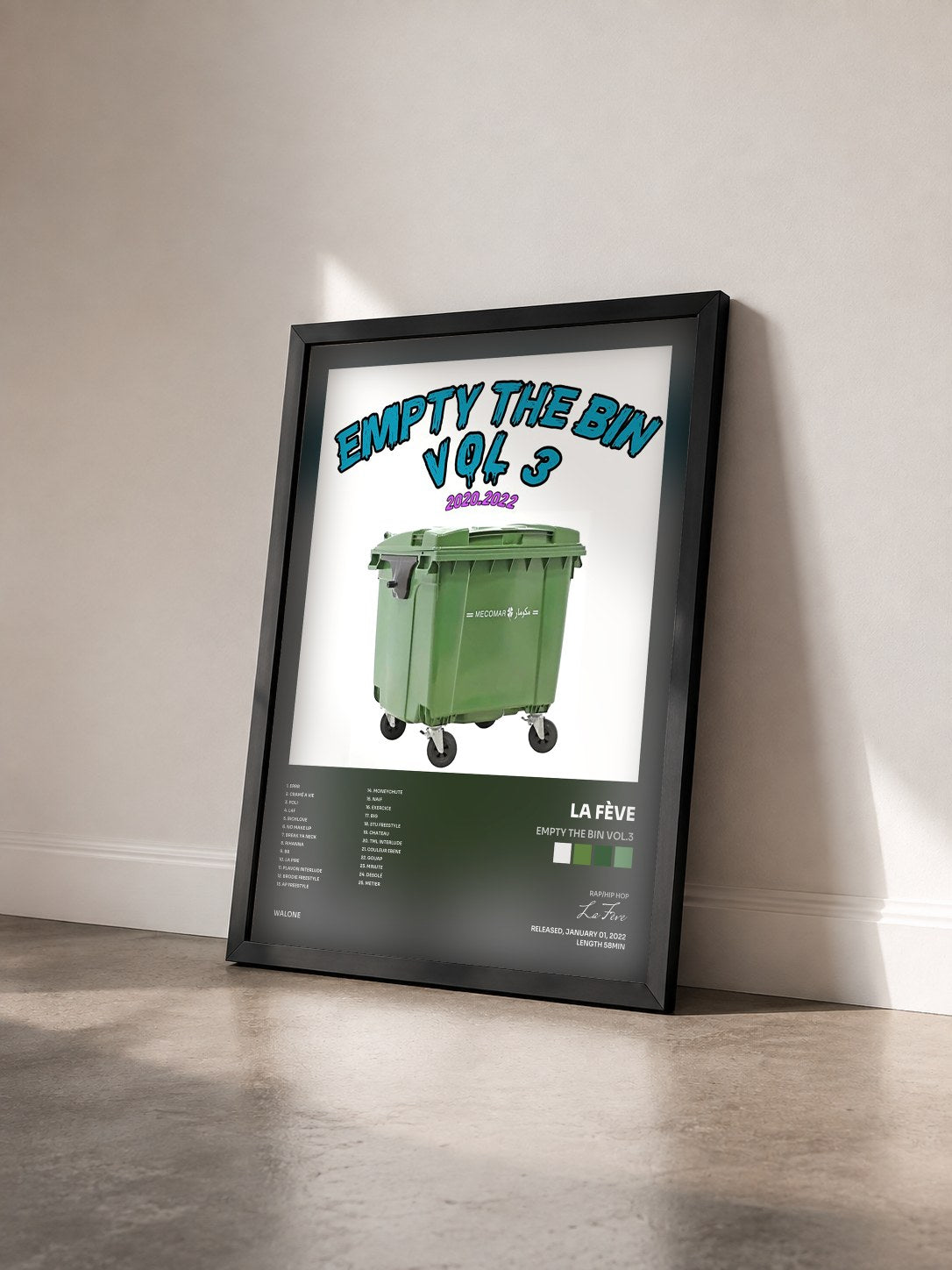 #noir Tableau de l'album EMPTY THE BIN VOL.3 de La Fève vu de trois quarts, cadre noir