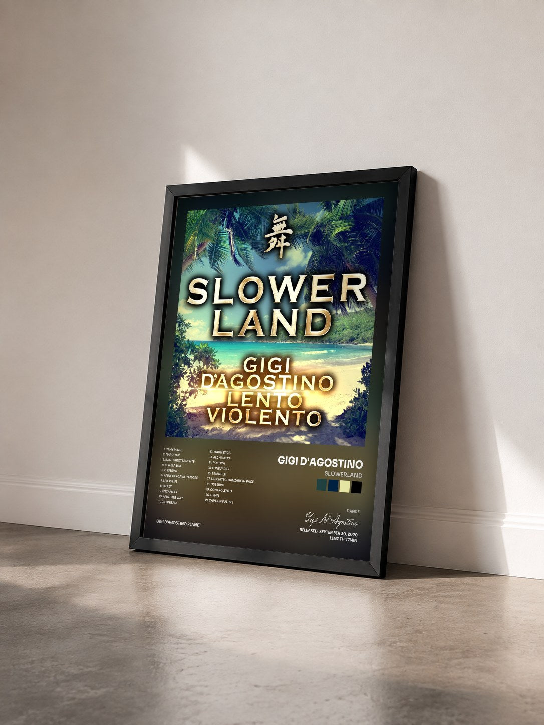 #noir Tableau de l'album Slowerland de Gigi D'Agostino vu de trois quarts, cadre noir