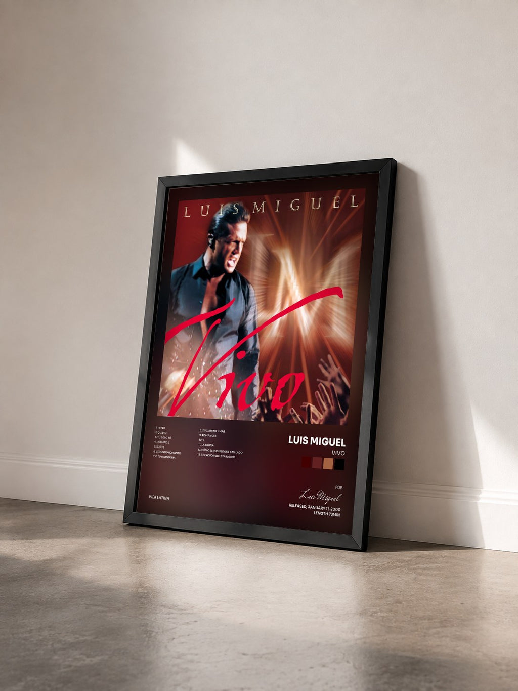 #noir Tableau de l'album Vivo de Luis Miguel vu de trois quarts, cadre noir