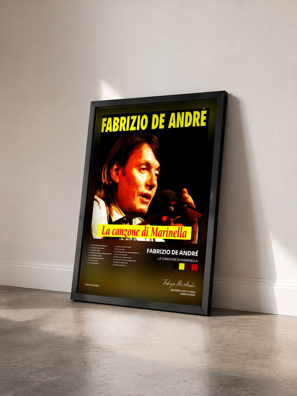 #noir Tableau de l'album La Canzone Di Marinella de Fabrizio De André vu de trois quarts, cadre noir