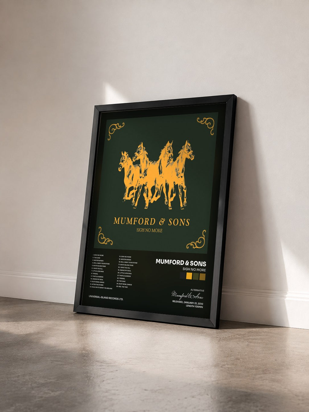 #noir Tableau de l'album Sigh No More de Mumford & Sons vu de trois quarts, cadre noir