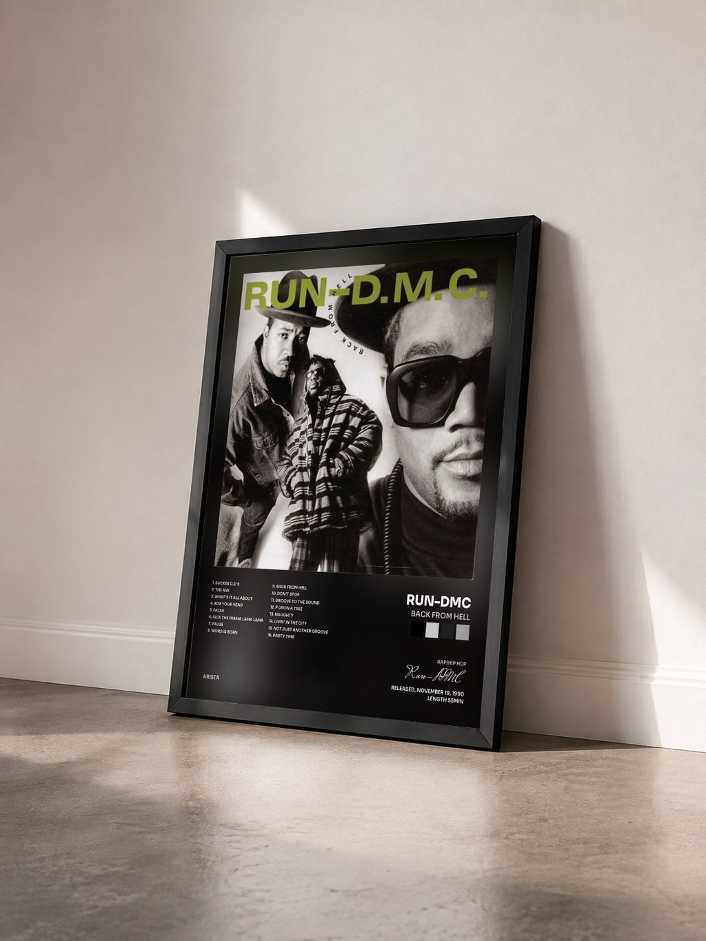 #noir Tableau de l'album Back From Hell de Run-DMC vu de trois quarts, cadre noir