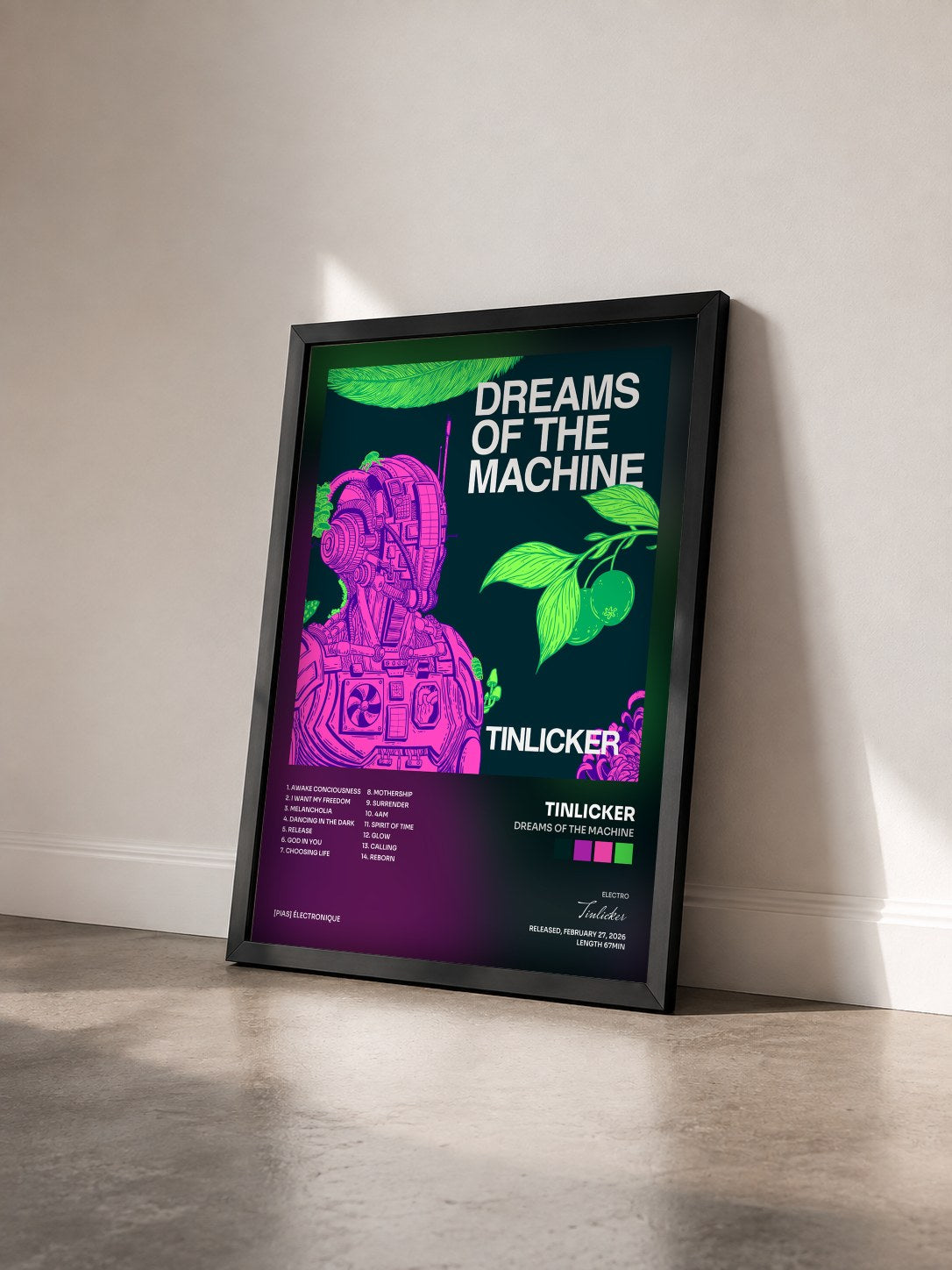 #noir Tableau de l'album Dreams Of The Machine de Tinlicker vu de trois quarts, cadre noir