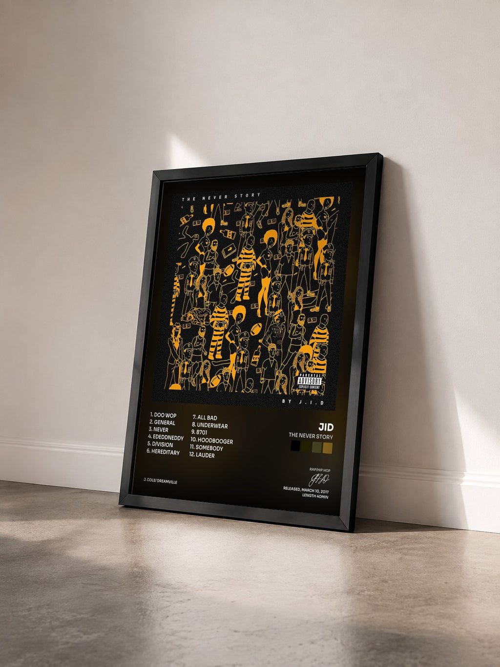 #noir Tableau de l'album The Never Story de JID vu de trois quarts, cadre noir
