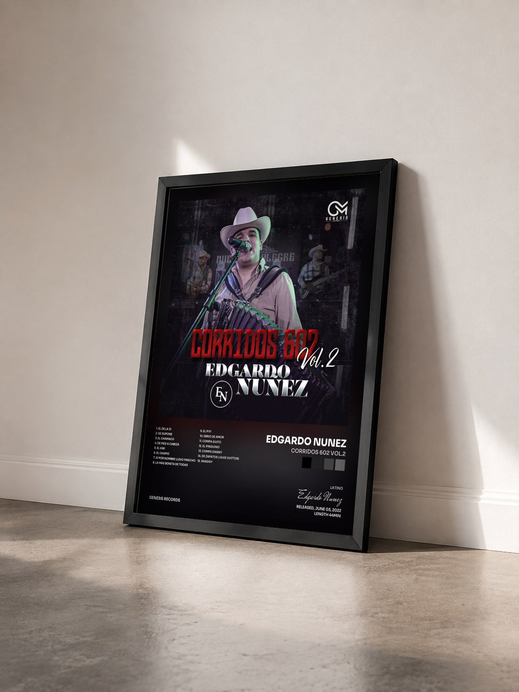 #noir Tableau de l'album Corridos 602 Vol.2 de Edgardo Nunez vu de trois quarts, cadre noir