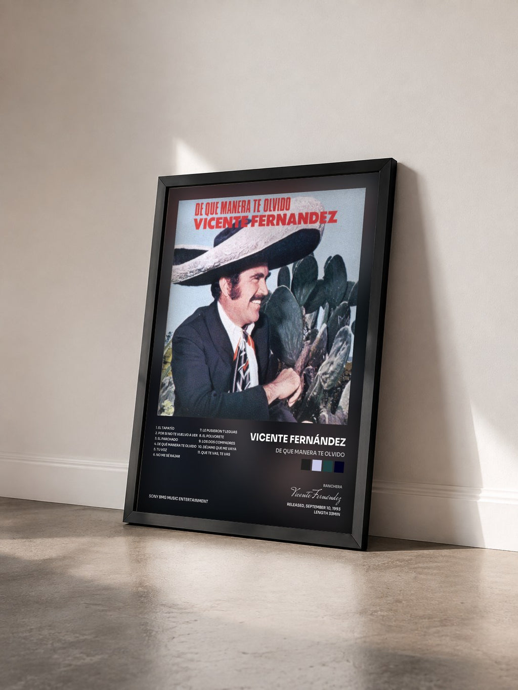 #noir Tableau de l'album De Que Manera Te Olvido de Vicente Fernández vu de trois quarts, cadre noir