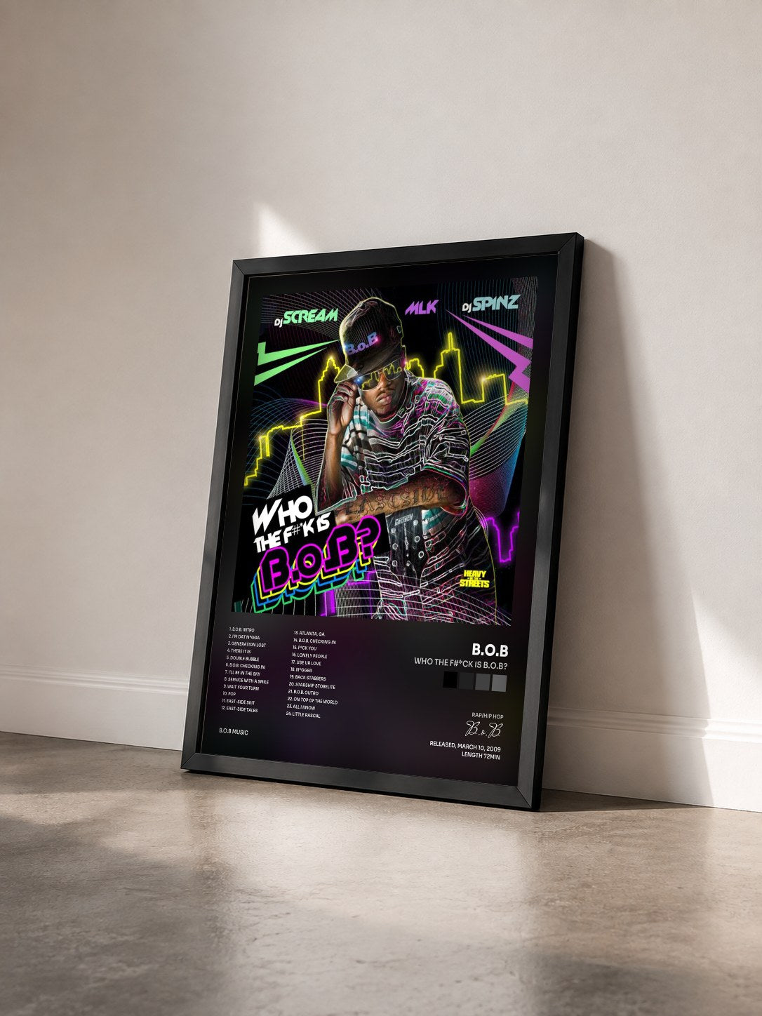 #noir Tableau de l'album Who The F#*ck Is B.o.B? de B.o.B vu de trois quarts, cadre noir