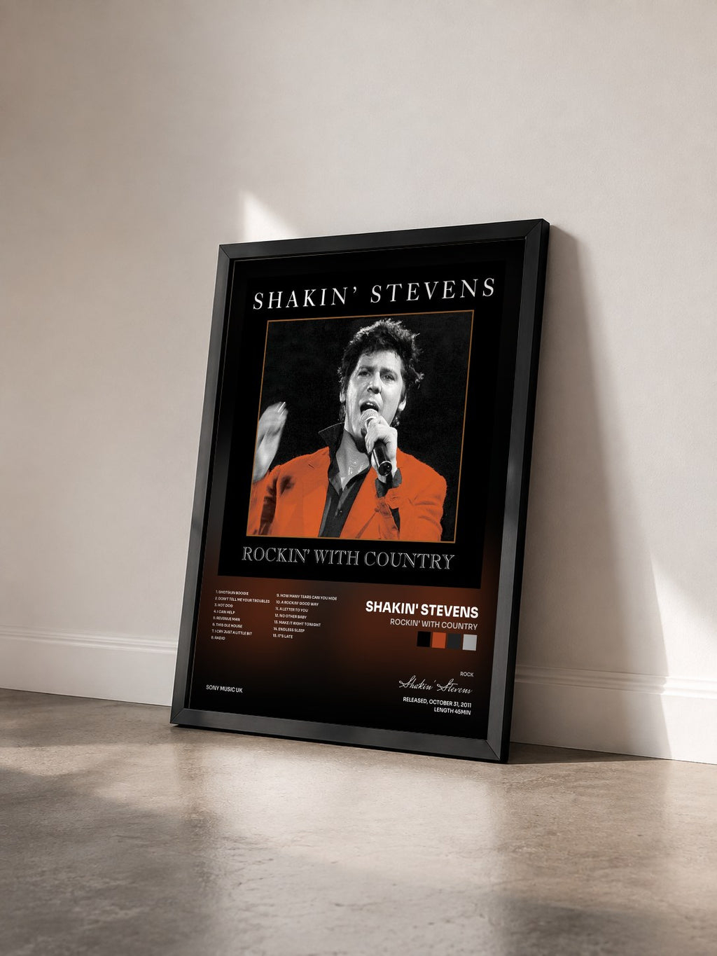 #noir Tableau de l'album Rockin' With Country de Shakin' Stevens vu de trois quarts, cadre noir