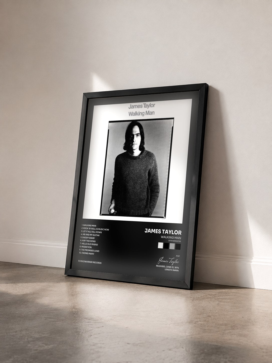 #noir Tableau de l'album Walking Man (2019 Remaster) de James Taylor vu de trois quarts, cadre noir