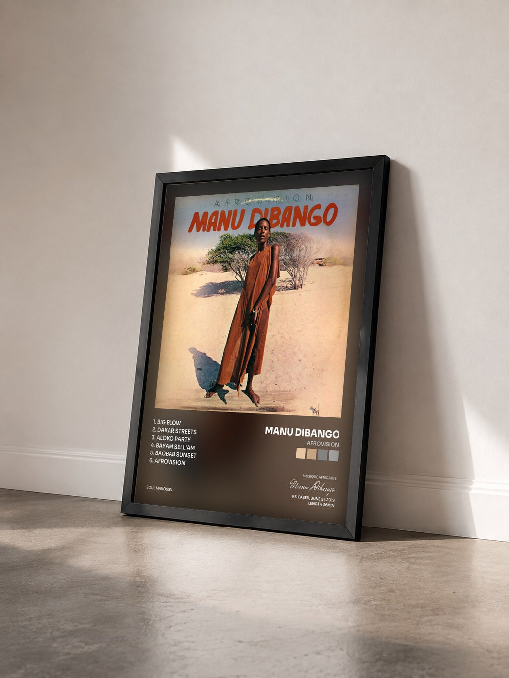 #noir Tableau de l'album Afrovision de Manu Dibango vu de trois quarts, cadre noir