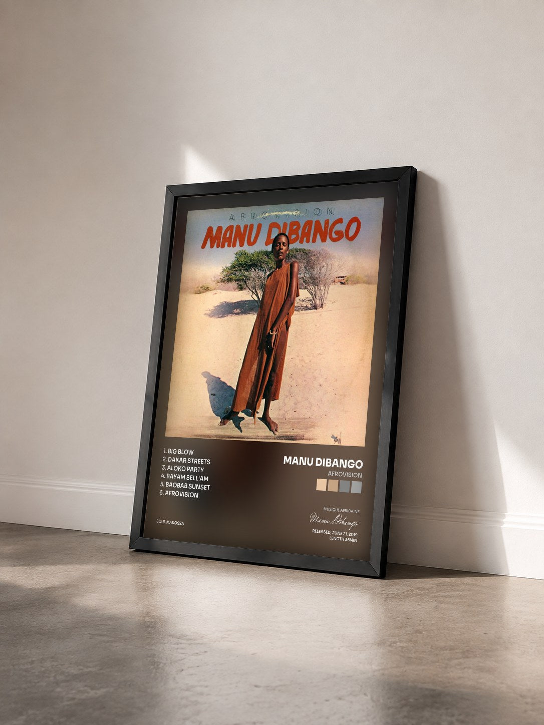 #noir Tableau de l'album Afrovision de Manu Dibango vu de trois quarts, cadre noir