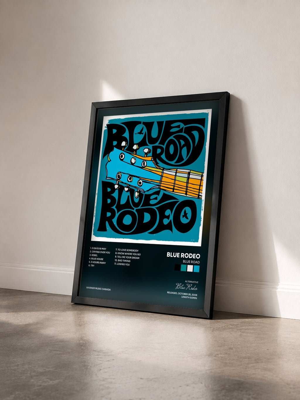 #noir Tableau de l'album Blue Road de Blue Rodeo vu de trois quarts, cadre noir