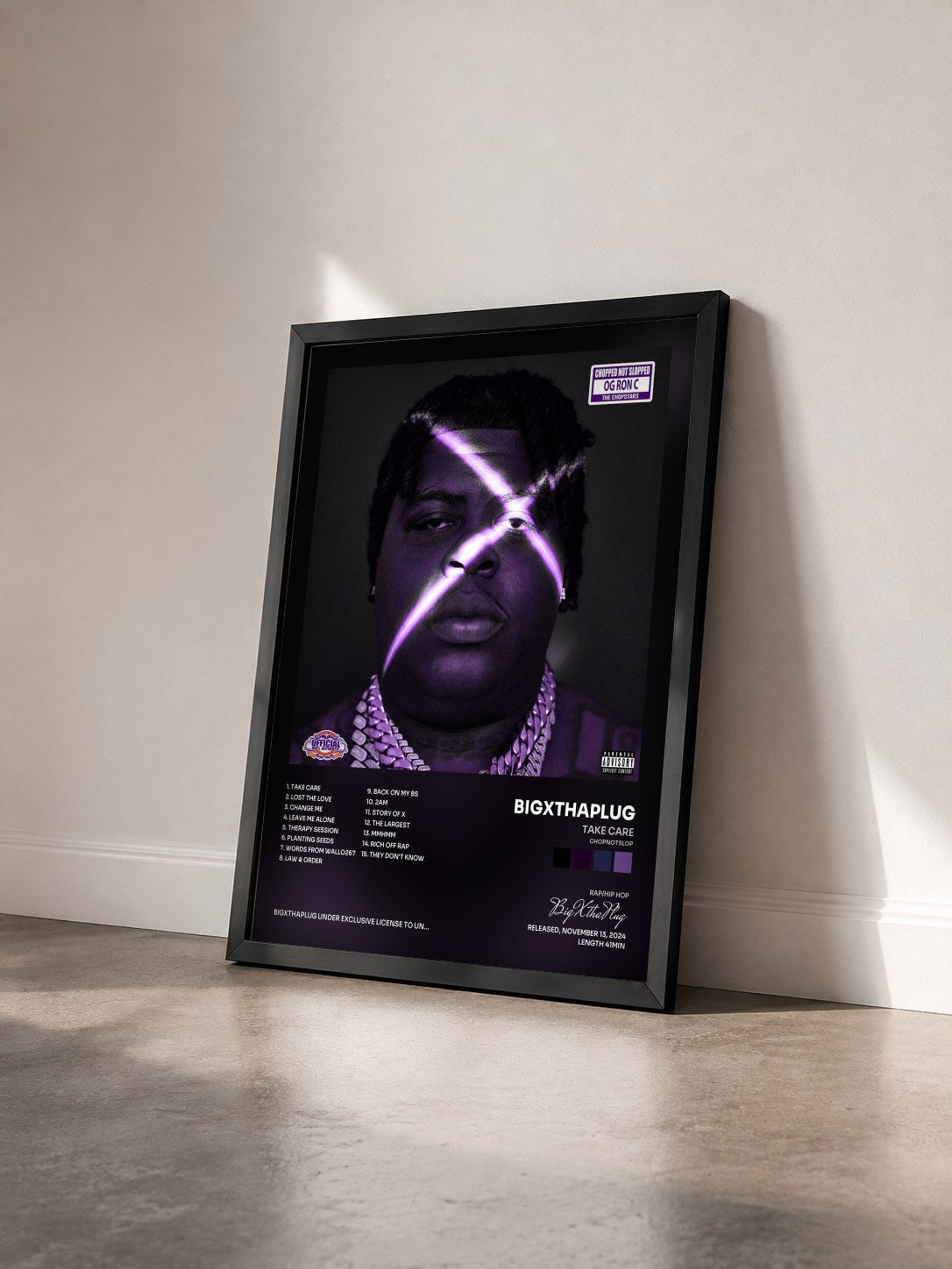 #noir Tableau de l'album TAKE CARE (ChopNotSlop) de BigXthaPlug vu de trois quarts, cadre noir