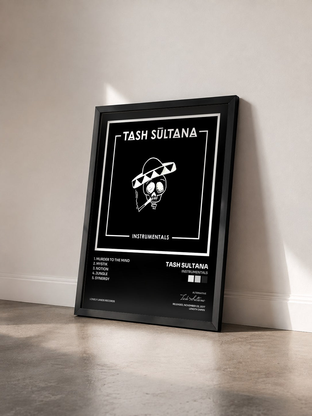 #noir Tableau de l'album Instrumentals de Tash Sultana vu de trois quarts, cadre noir